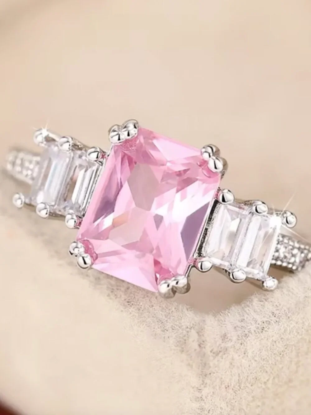Pink Emerald-Cut Center Stone Three-Stone Ring - Picture 1 of 4